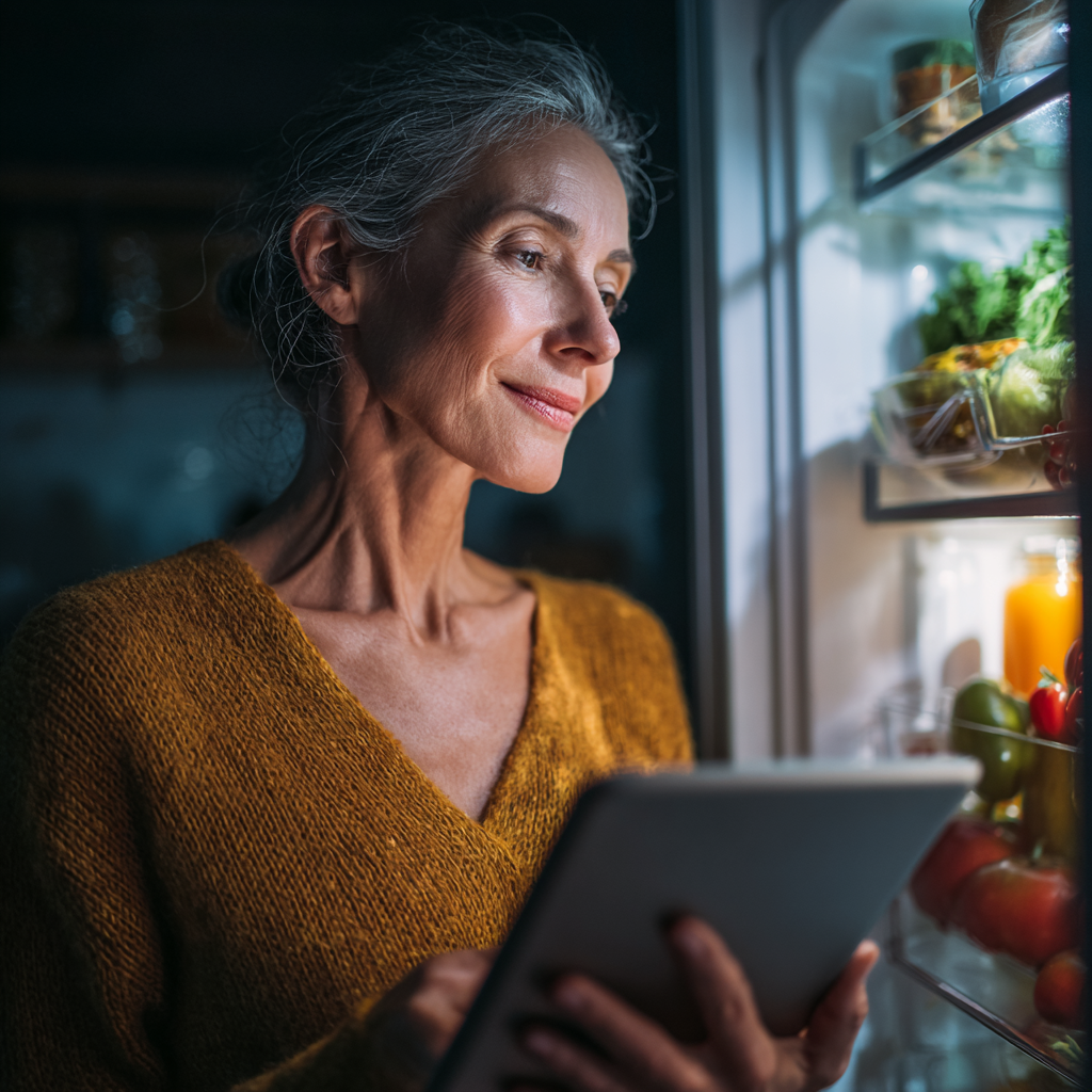 Жінка 52 років тримає планшет з додатком trakondish, стоячи біля холодильника з здоровими продуктами