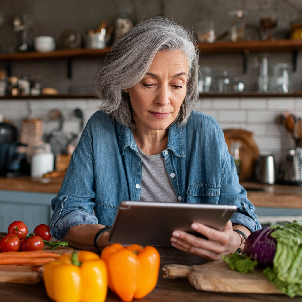 Жінка 55 років аналізує свій раціон харчування з планшетом у руках, сидячи за кухонним столом