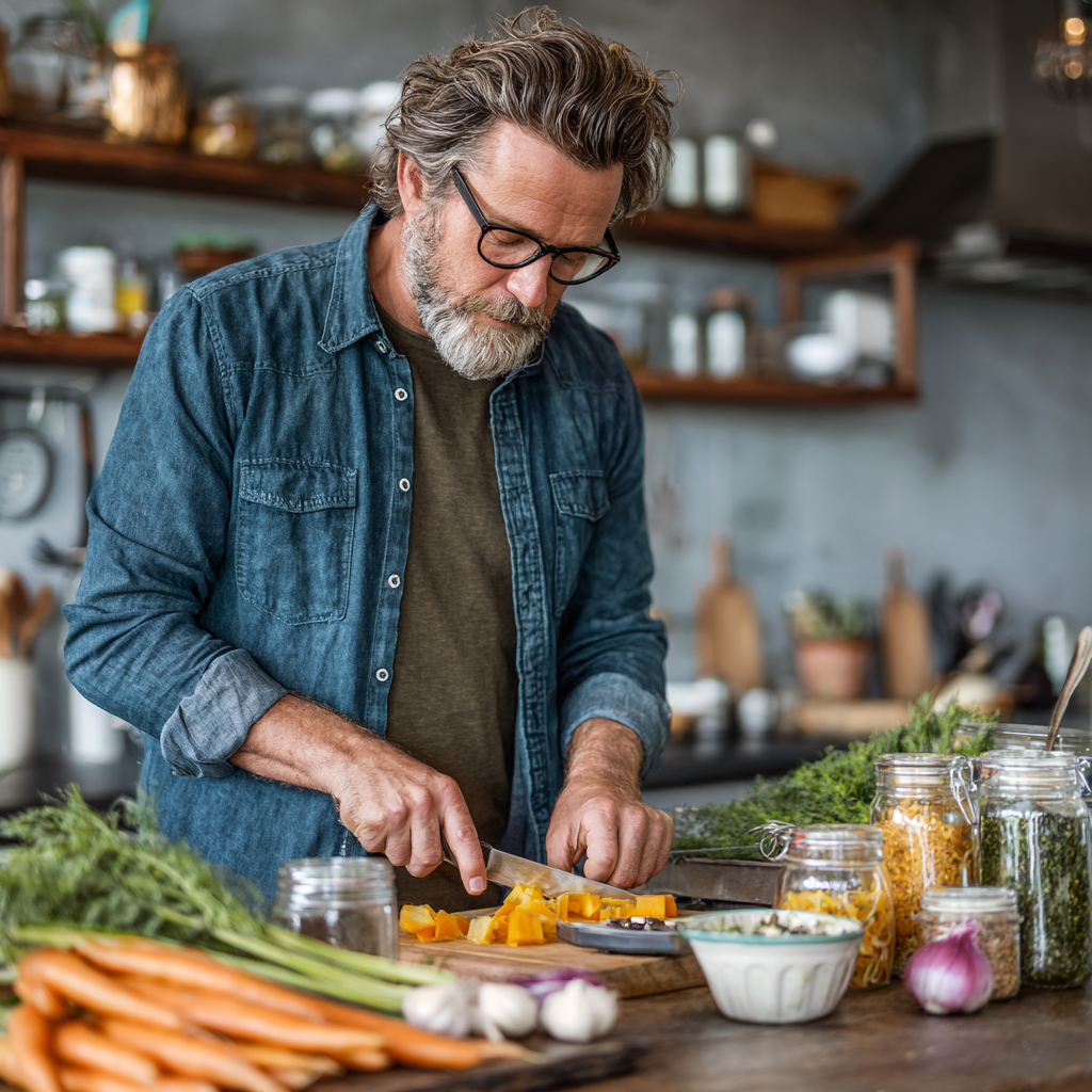Чоловік 58 років готує здорову їжу на кухні за персональним планом харчування
